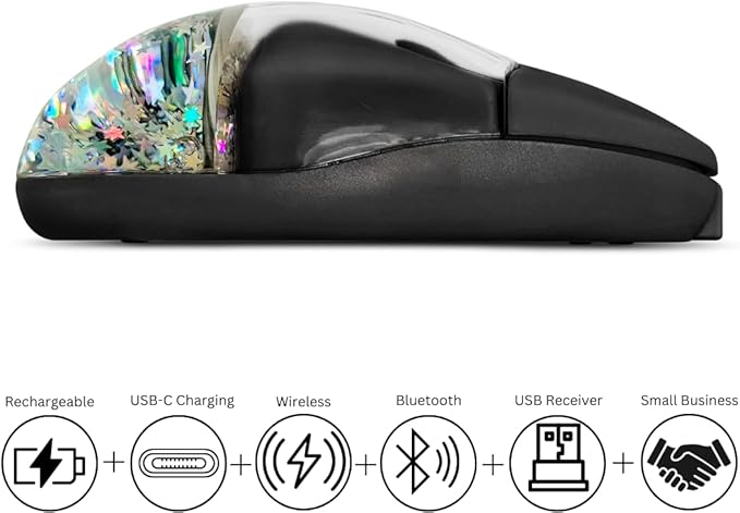 Liquid Glitter Wireless Bluetooth Mouse – Type C Rechargeable Silent Mice – Portable USB Optical Cordless Mouse Compatible with Windows Mac iOS Android PC Laptop &amp MacBook (Black)