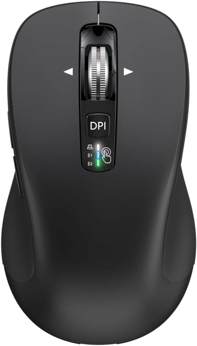 Wireless Bluetooth Mouse (USB + BT1 + BT2) Full Size 4-Way Scrolling Multi-Device Silent Mouse for Computer Laptop iPad MacBook (Black)
