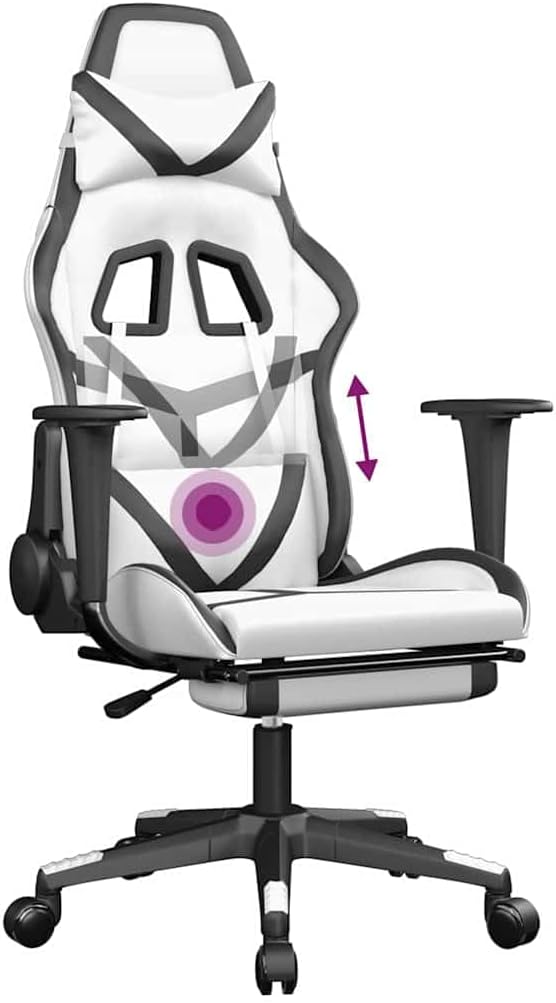 Massage Gaming Chair with Retractable Footrest White &amp Black Faux Leather Ergonomic Reclining Computer Desk Chair for Adults
