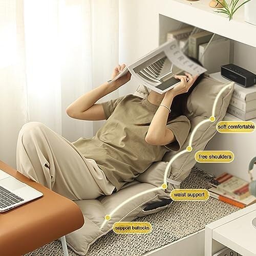 ELEFOCUS Adjustable Fully Foldable Lounge Chair with Pillow Upholstered Sofa Bed with Back Support for Balcony Living Room(Beige)