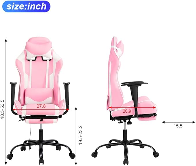 Computer Swivel Gaming Chair Video Game Chair PU Leather Executive Chair High Back Gaming Office Chair with Lumbar Support Adjustable Armrest Headrest Footrest for BoysGirlsPink