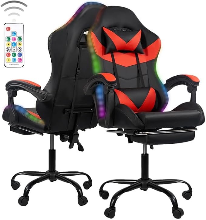 Ergonomic Gaming Chair with RGB Lighting - PU Leather &amp Adjustable Armrests 300lbs+ Capacity Remote Control LED Strips Aluminum Structure Computer Chair for Home Office (Black and Red)