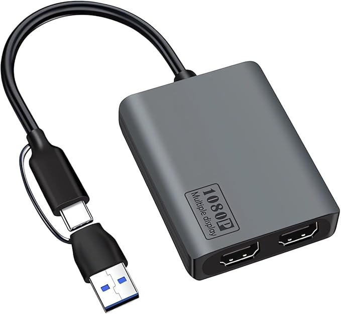 USB C/A 3.0 to Dual HDMI AdapterMST USB C/A 3.0 to 2X HDMI Monitor Converter HDM I Splitter for Dual Monitors Support 3 Different Screens (Extend &amp Mirror) for Windows &amp Mac-Grey