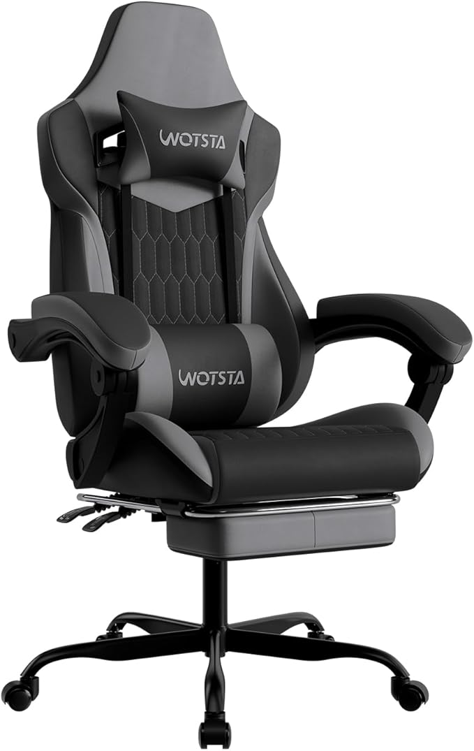 Gaming Chair with Footrest High Back Gaming Chairs PVC Leather Ergonomic Gamer Chair with Adjustable Headrest Lumbar Support Racing Style Video Gaming Chair for Office/Home (BlackGrey)