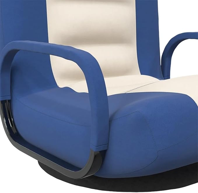 YAFF Foldable Gaming Floor Chair with Armrests 360° Swivel Adjustable Fabric Lounge Chair Comfortable Foam Padded Floor Seat for Adults Living Room Bedroom Easy Storage – Blue and Cream