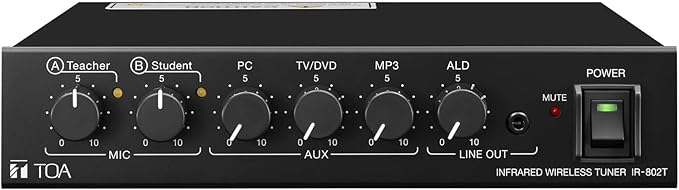 TOA Electronics IR-802T CU Infrared Wireless Tuner 2-Channel Black Equalizer Control Knobs for Low- Mid- and High-Frequency Outputs 3 Aux Inputs for PC TV/DVD Player and MP3 Audio Player