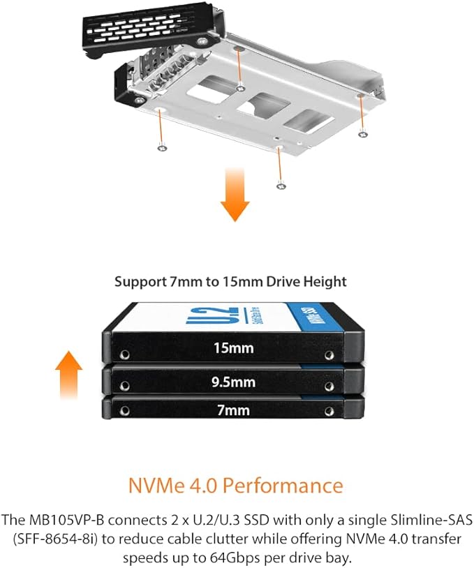 ICY DOCK 2 Bay U.2/U.3 NVMe SSD PCIe 4.0 Enclosure for 5.25” Bay | ToughArmor MB105VP-B