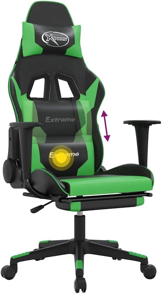 Faux Leather Massage Gaming Chair with Retractable Footrest Ergonomic Reclining Computer Desk Office Chair for Adults Black &amp Green Swivel Gamer Seat with Lumbar Support