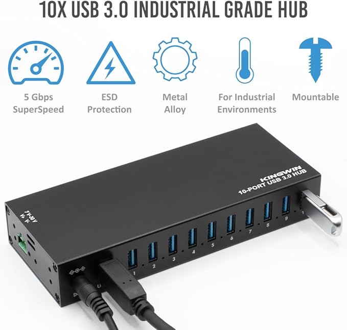 Kingwin Industrial USB 3.0 Hub 10-Port Heavy-Duty Metal Mountable USB Hub with Power Adapter 5Gbps SuperSpeed Powered USB Splitter for PC Laptop Mac POS Systems &amp Factory Automation