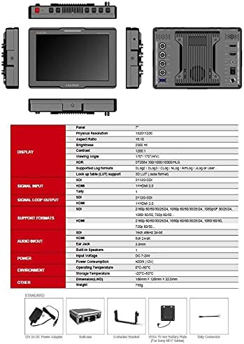 LILLIPUT 7 Q7-12G 7inch 2000nits 12G-SDI Ultra Brightness On-Camera Monitor-12G-SDI x 2 HDMI 2.0 x 1 Tally Output 12G-SDI x 2 HDMI 2.0 x 1 HDR 3D-LUT Waveform Level Meter Vector Scope