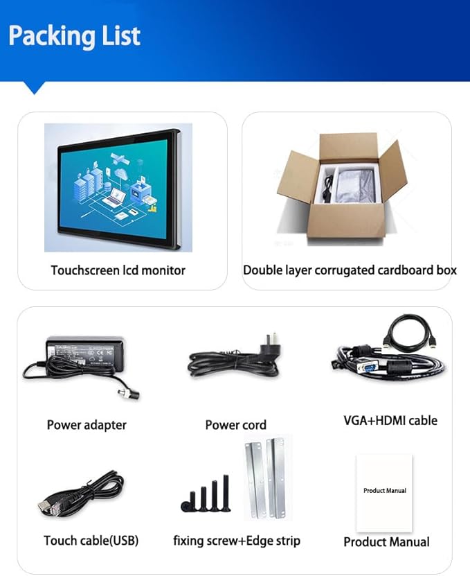 21.5 Inch Open Frame Capacitive Touchscreen Monitor 1920x1080 Resolution 16:9 Aspect Ratio WaterproofVESA+Panel Mount for Kiosk Automation POSVendingHMI and Digital Signage 7x24h Work