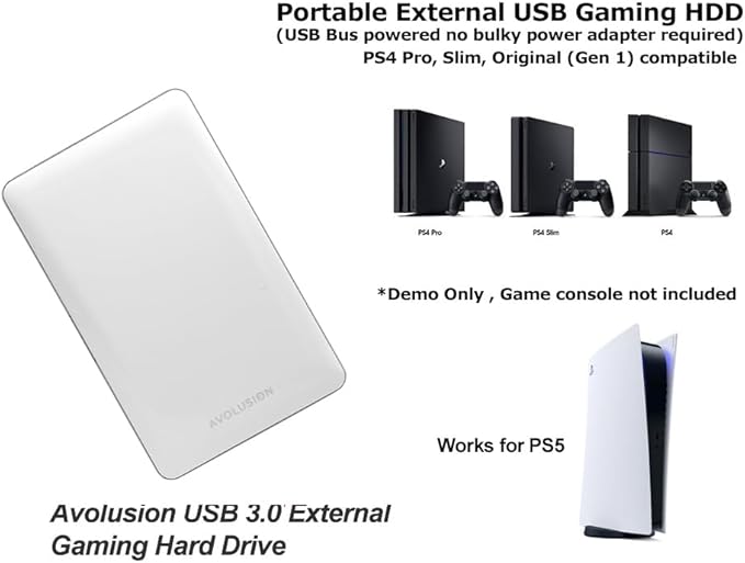 Avolusion T1 Series 1TB USB 3.0 Portable External Gaming Hard Drive - White (for PS4 / PS5 Pre-Formatted) - 2 Year Warranty (Renewed)