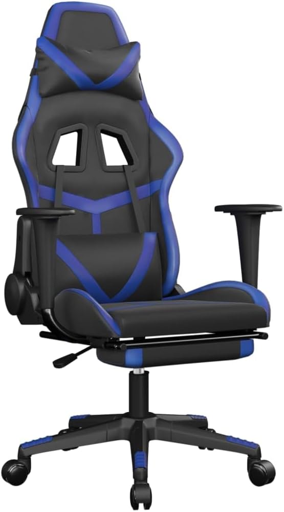 Faux Leather Massage Gaming Chair with FootrestComputer Game ChairMassage Office ChairErgonomic Desk Chair PC Gaming Chair for Adults Teens(Black&ampBlue) -AA