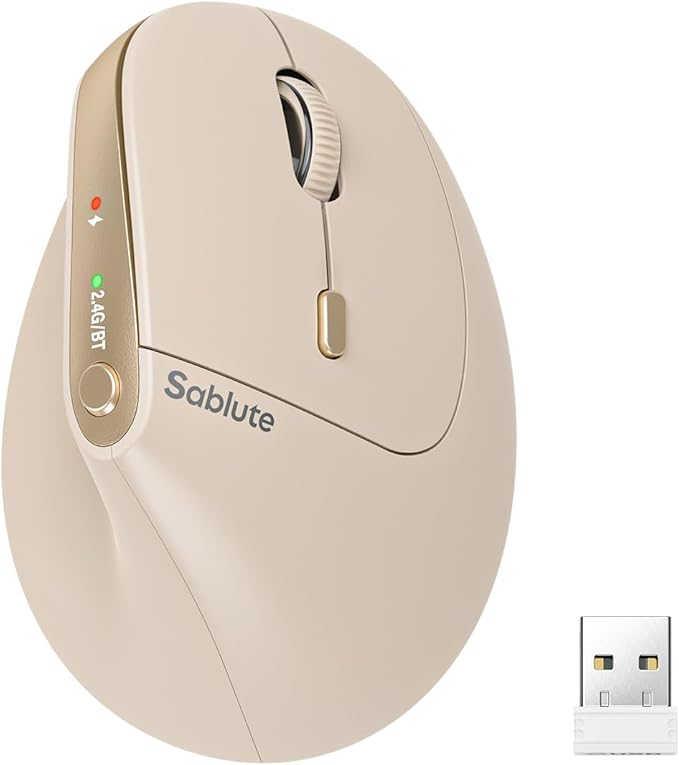 SABLUTE MAM3 Ergonomic Mouse Rechargeable Wireless Vertical Mouse with 4 Adjustable DPI for Small/Medium Hands Dual-Device Connectivity for Computer/PC/LaptopBluetooth Mouse for WindowMac OSBeige