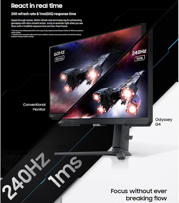 Samsung 27 Odyssey G4 Gaming Monitor | 240Hz Refresh Rate 1ms Response Time | FreeSync Premium NVIDIA G-Sync Compatible | HDR 10 400Nit | FHD IPS Ultrawide Game View &amp Ergonomic Stand | Black
