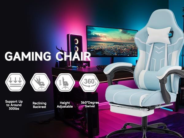 Blue Ergonomic Gaming Chairs for Adults Swivel Height Adjustable Comfortable Office Desk Chair with Footrest and Lumbar Support PU Upholstered Computer Chair with Headrest (Blue)