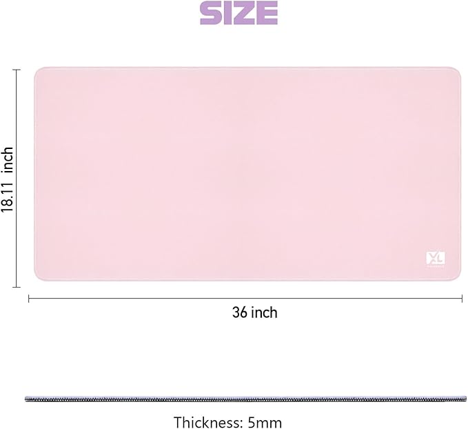 Light Pink 2XL Color Mouse Pad - Oversized (36''x18'') Gaming Desk Mat with Non-Slip Base and Stitched Edges - Waterproof and Durable