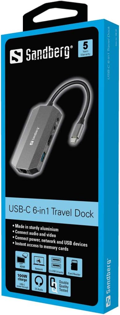 Sandberg USB-C 6-in1 Travel Dock USB-C 6-in1 Travel Dock 136-33 (USB-C 6-in1 Travel Dock Wired USB 3.0 (3.1 Gen 1) Type-C 100 W 101001000 Mbit/s Grey MMCMicroSD)