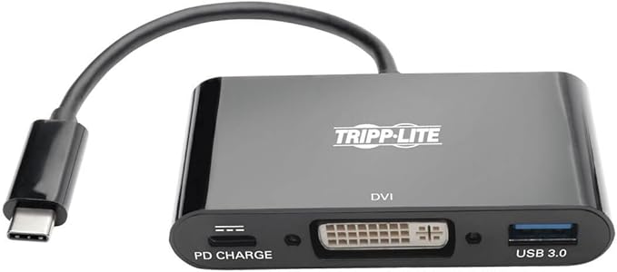 Tripp Lite USB C to DVI Adapter Converter w/ USB-A Hub &amp PD Charging USB Type C Thunderbolt 3 USB-C 1080p Black(U444-06N-DUB-C)
