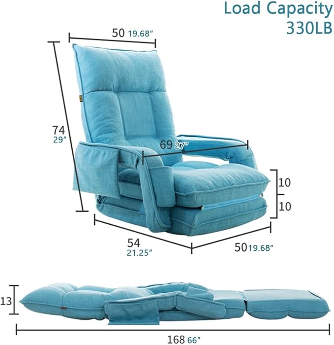 YCKEGEW Folding Lazy Floor Sofa Sleeper Chair Lounge Seat with Side Storage42-Position Adjustable Reading Chair for Kids AdultFloor Sofa BedLoading 330LB (Color : Lake Blue)
