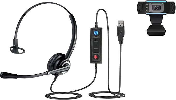 TruVoice Voicepro 10 Headset and Webcam Bundle (Includes Single Ear USB Headset and 1080P Webcam) All-in-One Combination