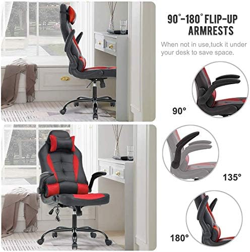 Comfortable Gaming Chair with Massager Video Game Chair Gamer Chair for Adults Computer Desk Chair with Lumbar Support and Flip-up Armrests Rolling Chair with Wheels for Adults