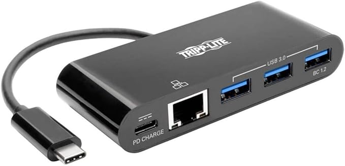 Tripp Lite USB C to Gigabit Ethernet Adapter Converter Docking Station w/USB-A Hub Gbe &amp PD Charging Thunderbolt 3 USB Type C Black (U460-003-3AGB-C)