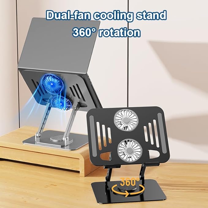 Laptop Cooling Stand with Fan and 360 ° Rotating Base Adjustable Height for Desk Gaming/Office Movie Watching and Screen Sharing Portable Computer Notebook Stand Compatible Up to 17 Inches
