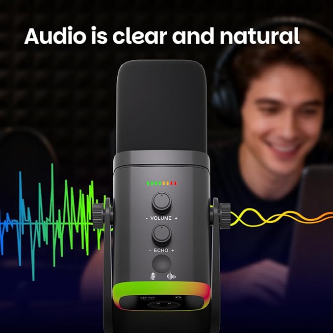 USB/XLR Desktop Dynamic Microphone with RGB Light Noise Reduction &amp Mute Button for Podcast Recording PC Computer Gaming Streaming Mic with RGB Light Mute Button Headphones Jack (Black)