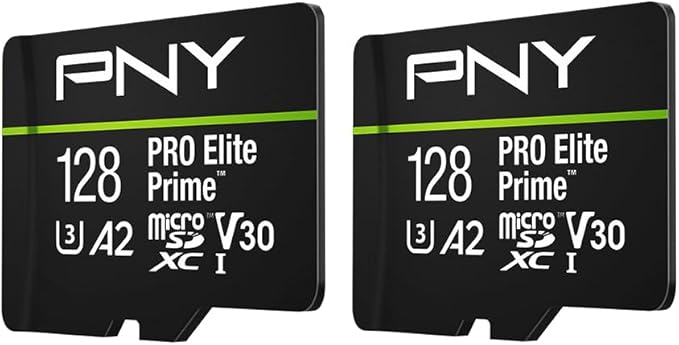 PNY 128GB PRO Elite Prime C10 U3 V30 A2 microSDXC Flash Memory Card – Ultra-Fast Speeds Read 200MB/s Write 150MB/s 4K UHD Full HD UHS-I for Smartphones Drones Action Cameras 2-Pack