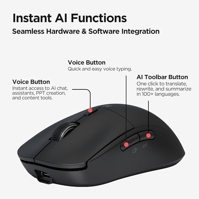Virtusx Jethro AI Mouse - Voice &amp Audio Recorder for Lecture &amp Meeting Centralized Software with Voice Typing Writing Tools Transcribe Translate &amp Summarize Wireless Mouse for Compute