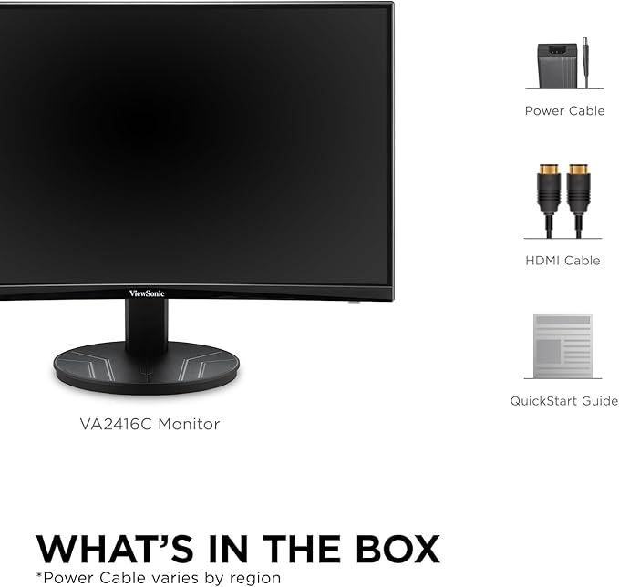 ViewSonic VA2416C 24 Inch Full HD 1080p Frameless Curved Monitor with Variable Refresh Rate Eye Care HDMI and DisplayPort Inputs for Home and Office