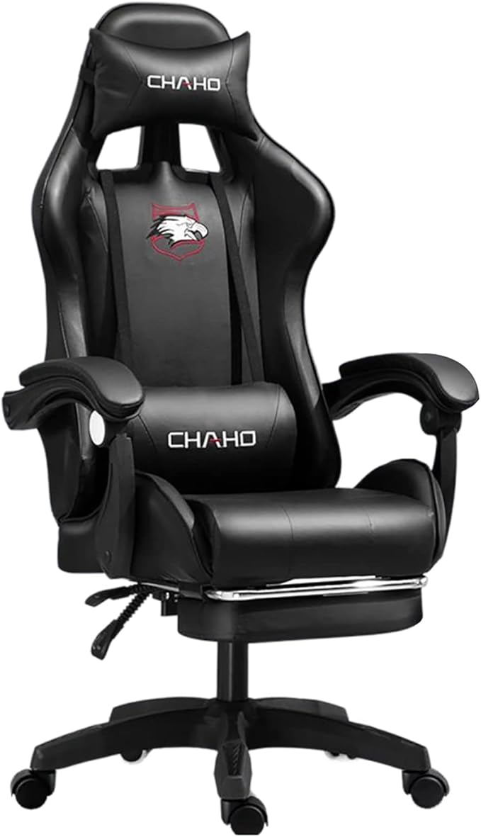 Gaming Chair Computer Chair with Footrest and Lumbar Support Height Adjustable Game Chair with 360°-Swivel Seat and Headrest and for Office or Gaming (BlackRegular Style)