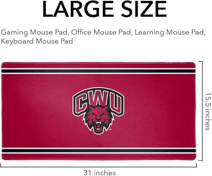 Central Washington University Wildcats Primary Logo Stripes Large Gaming Mouse Pad Desk Mat with Stitched Edges Non-Slip Base for Gamer Home and Office 31.5 x 15.7