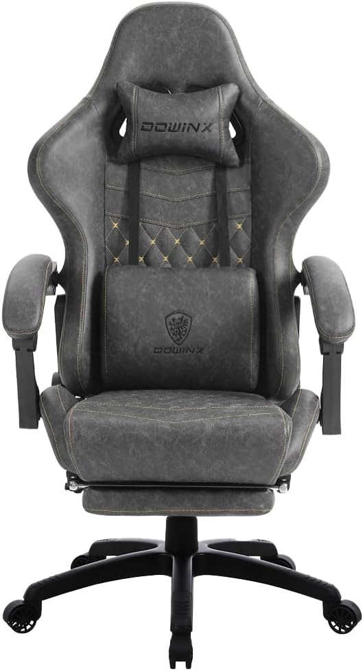Dowinx Gaming Chair Big and Tall Ergonomic Game Chair for Adults with Footrest and Massage Lumbar Support High Back Computer Gamer Chair PU Leather 350Lbs for Office Home Grey