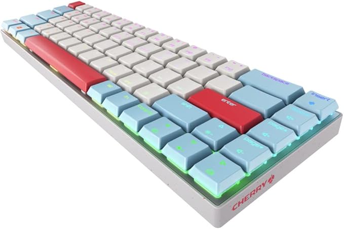 Cherry MX-LP 2.1 Compact Wireless Gaming Keyboard. RGB MX Silver Speed Switches. RGB Lighting Low-Profile MX Precision switches. 65% Size. 68 Keys. (Red White &amp Blue)