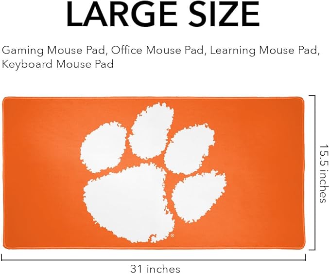 Clemson University Tigers Primary Logo Large Gaming Mouse Pad Desk Mat with Stitched Edges Non-Slip Base for Gamer Home and Office 31.5 x 15.7