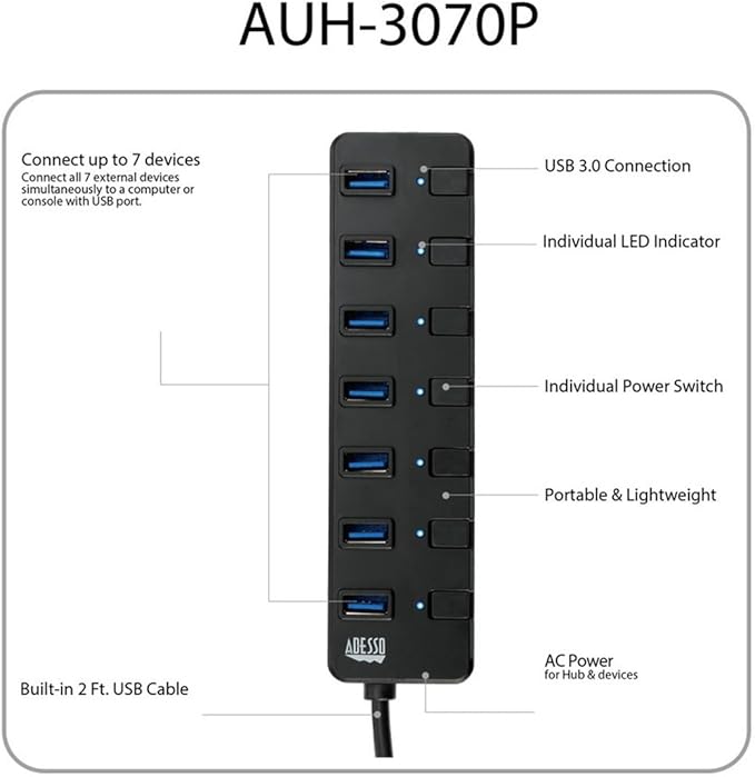 Adesso 7-Port USB 3.0 Hub with Individual Power Switch &amp Power Adapter