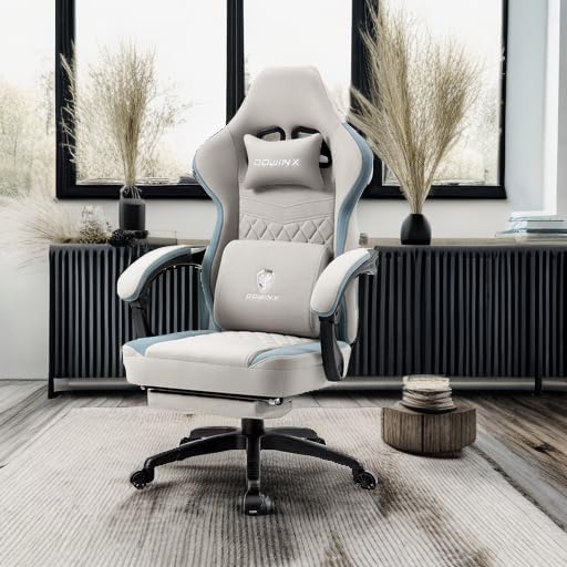 Dowinx Gaming Chair Breathable Fabric Game Chair with Gel Pad and Storage Bag Comfortable Gamer Chair with Pocket Spring CushionErgonomic Computer Chair with FootrestGrey