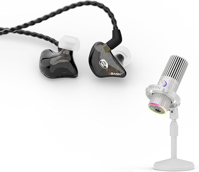 BASN USB/XLR SL2000 Dynamic Microphone and Bsinger 2nd Generation Dual Dynamic Drivers in Ear Monitor Headphones Set for Podcast Live Streaming Gaming Recording