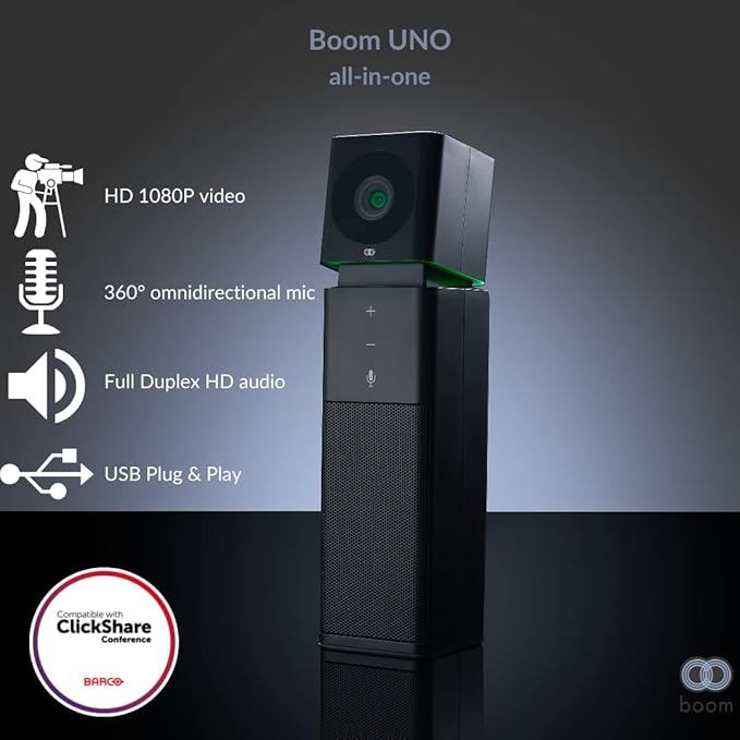 Boom UNO Full HD 1080p Conference Camera with 120 Wide-Angle Lens Full Duplex Speaker &amp Microphone Noise-Canceling Audio USB Plug &amp Play Video Bar for Meetings (Black)