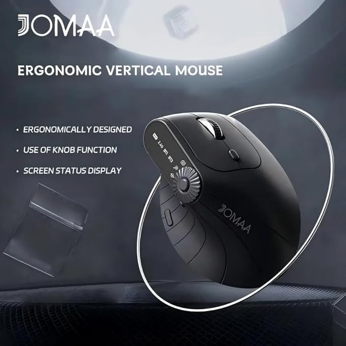 JOMAA Wireless 2.4G &amp Dual Bluetooth Three-Channel Ergonomic Vertical Mouse Adjustable DPI Multi-Function Turntable for PC Laptop MacBook Rechargeable (Black)