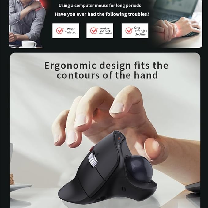 JOMAA Wireless Vertical Trackball Mouse - Ergonomic Design 3-Device Switching 2.4G/Bluetooth 5.0 Rechargeable Type-C Adjustable DPI Compatible with Windows/macOS/iOS/Android (Black)