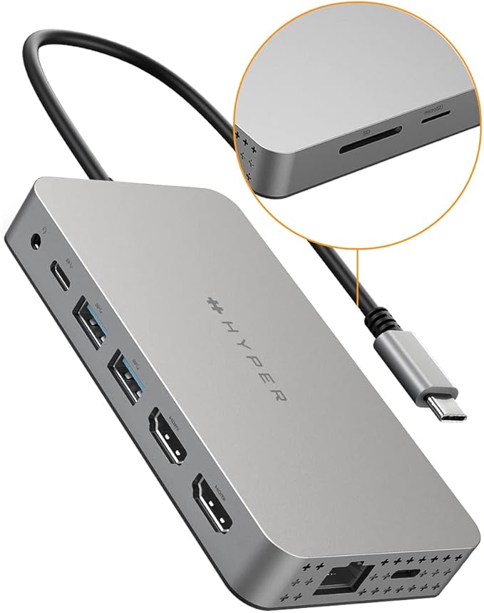 HyperDrive M1 M2 MacBook Pro USB C Hub - 10-in-1 USB Hub Dual 4K HDMI Ethernet USB-A USB C Adapter