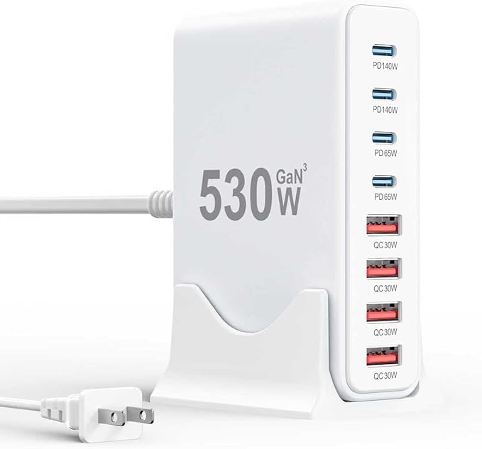 530W USB C Charger Block8-Port USB C Charging Station GaN IV Travel Essentials Multiple Port Charging Station140W Laptop Fast Charger Adapter for MacBook Pro/AirDELLiPadiPhoneSamsung Galaxy