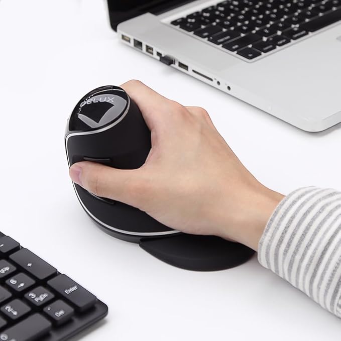 DELUX Ergonomic Vertical Mouse Wireless Ergo Mouse for Large Hands 2.4G Connection Silent Clicks Up to 1600 DPI6 Buttons Removable Wrist Rest Compatible with Laptop/PC (M618Plus Wireless-Black)