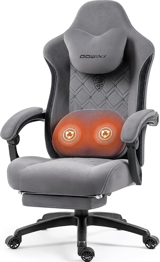 Dowinx Fabric Gaming Chair with Heated Massage Lumbar Support Gaming Chairs for Adults Big and Tall Gamer Chair with Pocket Spring Cushion and Footrest Ergonomic Recliner Computer Chair Grey