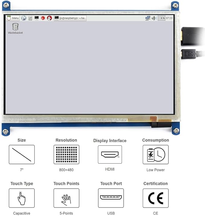 7inch Capacitive Touch Screen LCD for Raspberry Pi 4B/3B+ Banana Pi etc. 800×480 Resolution HDMI for Windows 11/10 / 8.1/8 / 7 with Bicolor Case (7inch HDMI LCD (B) with case)