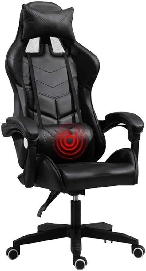 Ergonomic E-Sports Gaming Chair with Massage Lumbar Support Adjustable Height Retractable Footrest USB Massage Pillow(All Black)