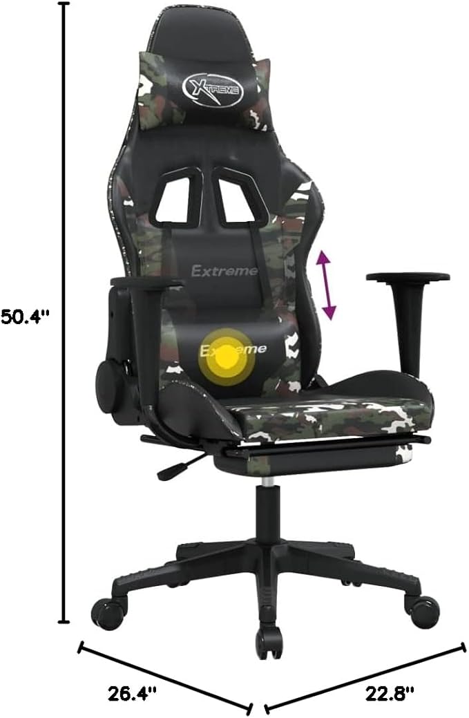 Massage Gaming ChairComputer Gaming Chair Swivel Task Chair with Headrest and Lumbar Support Suitable for Office Gaming Room with Footrest Black Camouflage Faux Leather
